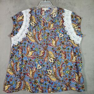 Suzanne Betro Weekend Top Womens 2X Blue Paisley Lace Trim Boho Chic Cottagecore
